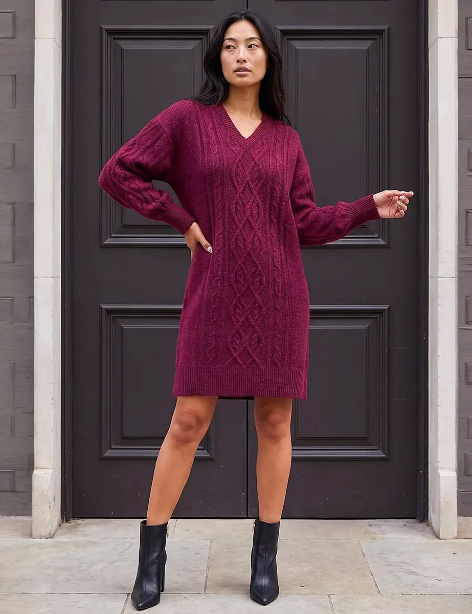 Petite Cable Knit Dress Burgundy Mix