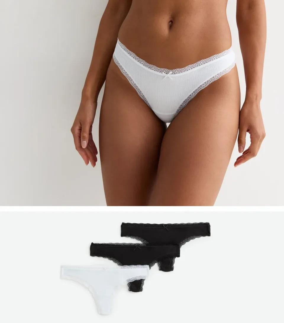 Women's 3 Pack Black and White Ribbed Lace Trim Thongs