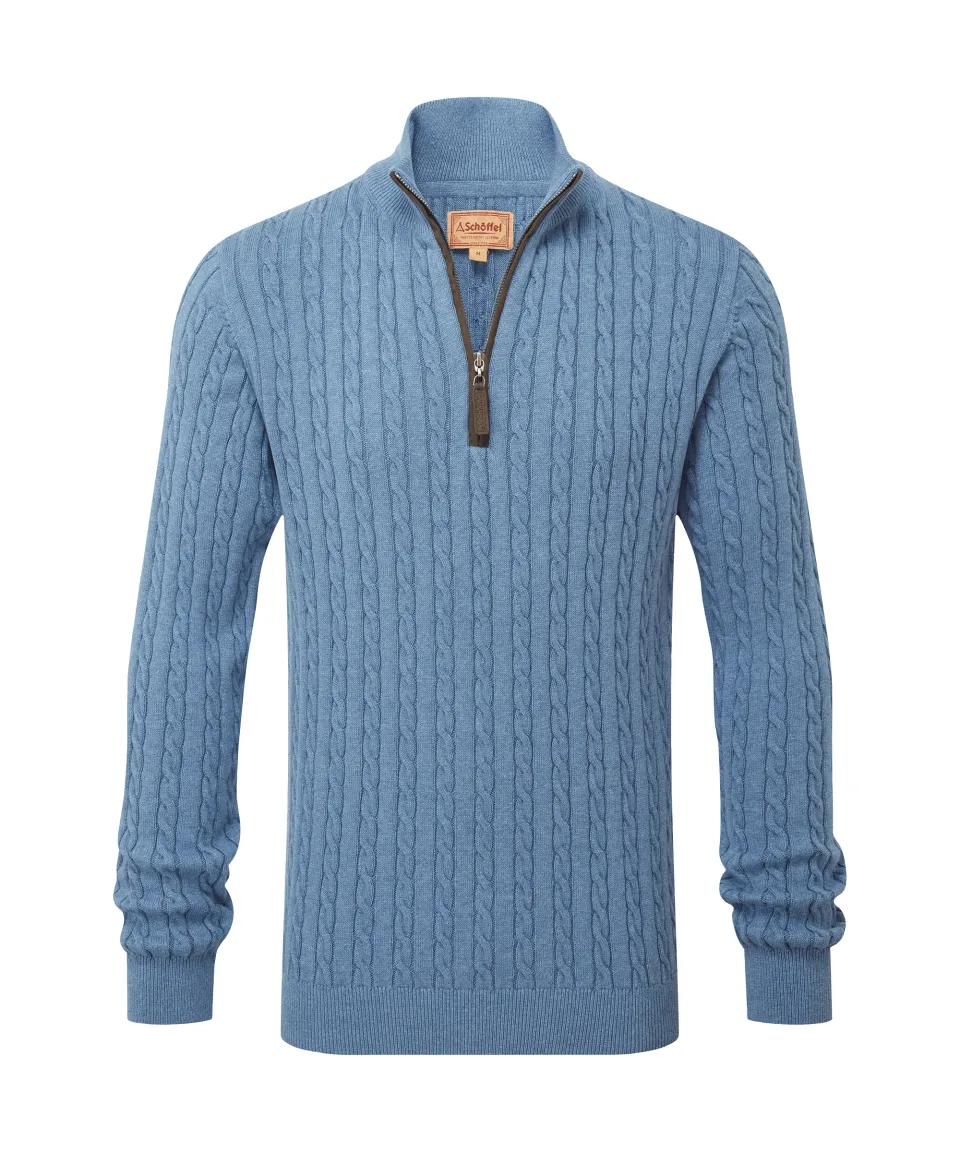 Calton Cotton Cashmere Cable Quarter Zip Jumper - Lake Blue