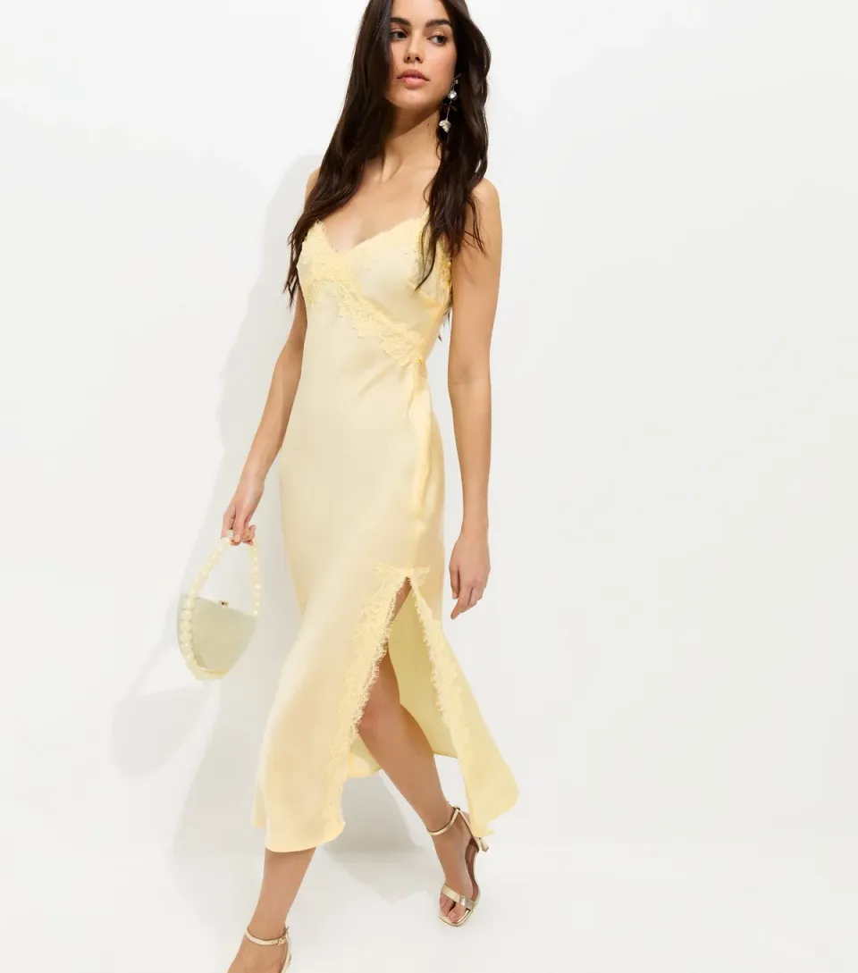 Women's Light Yellow Lace Trim Slip Strappy Midi Dress