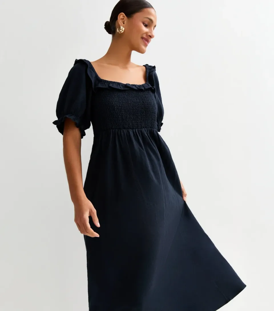 Women's Navy Puff Sleeve Midi Dress