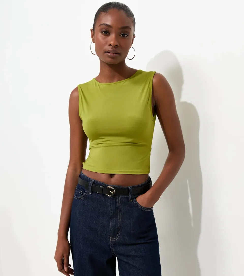 Women's Bright Green Twisted Open Back Slinky Sleeveless Top