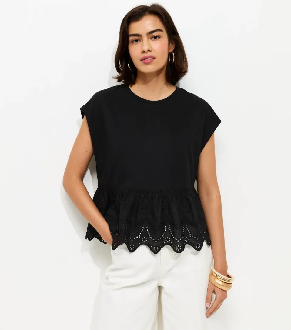 Women's White Broderie Anglaise Hem T-Shirt