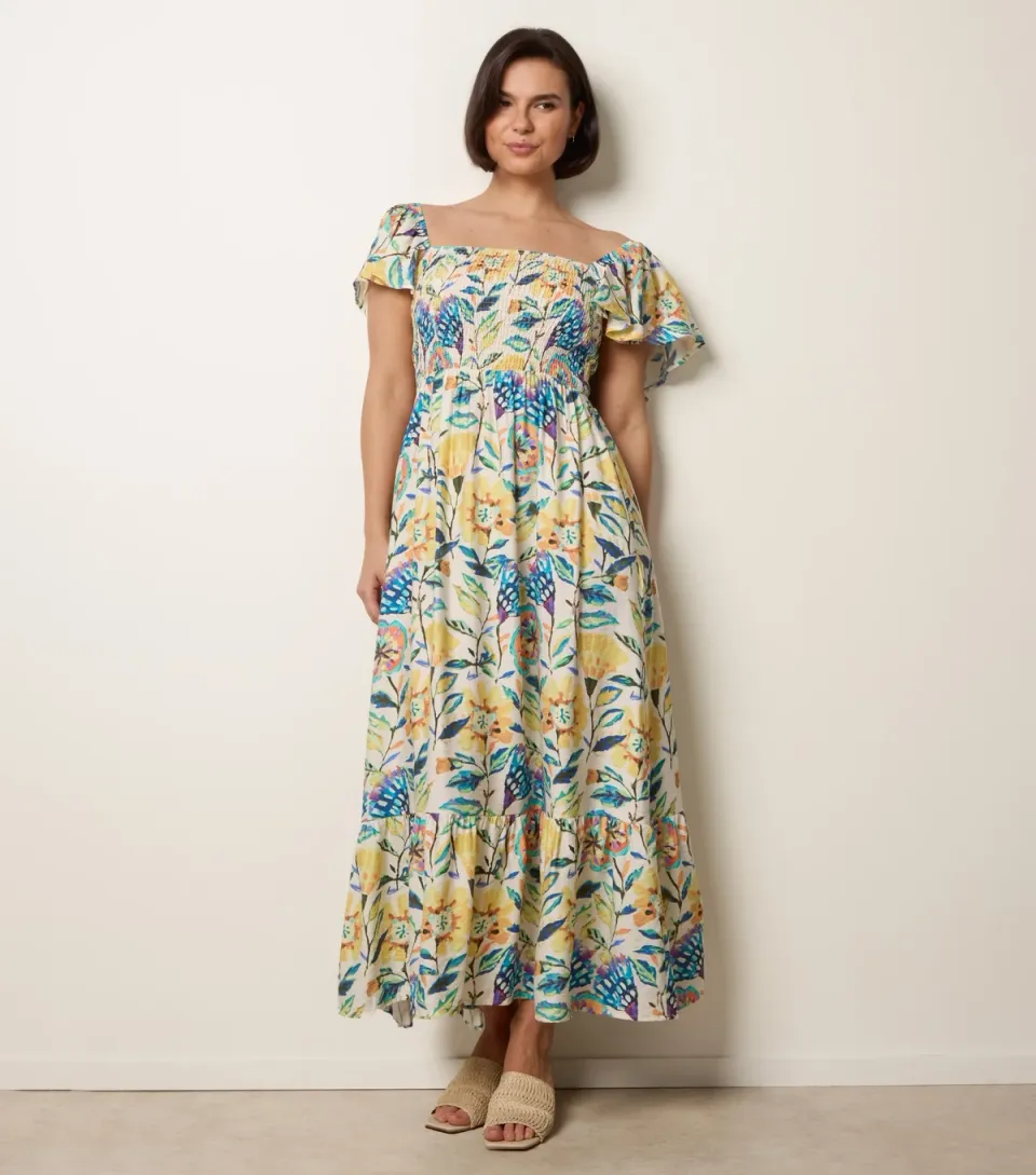 Women's Yellow Tropical Print Midi Dress