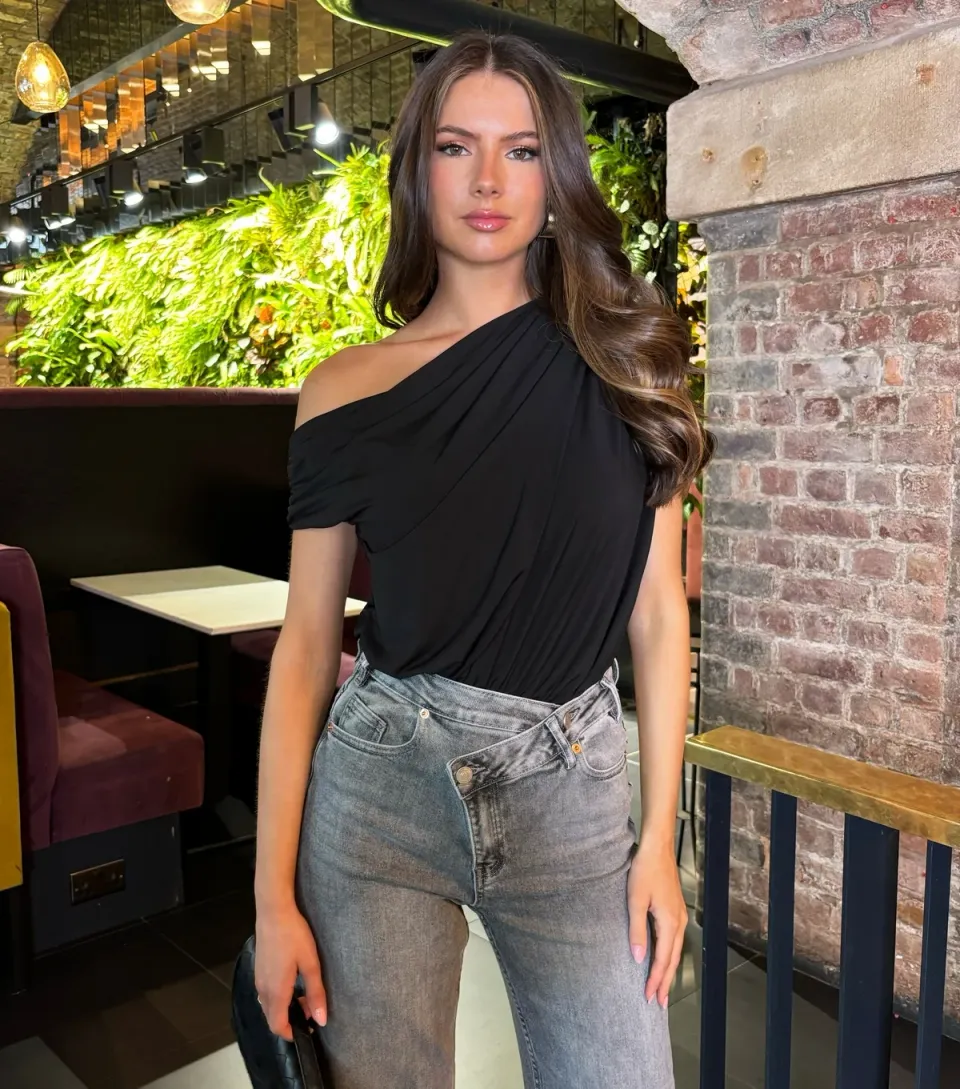 Women's Black Draped Off the Shoulder Bodysuit