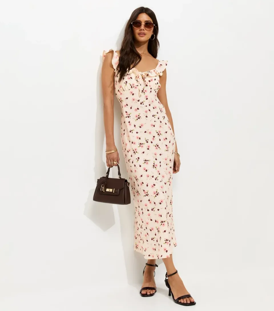 Women's Cream Floral Ruffle Strap Midi Dress