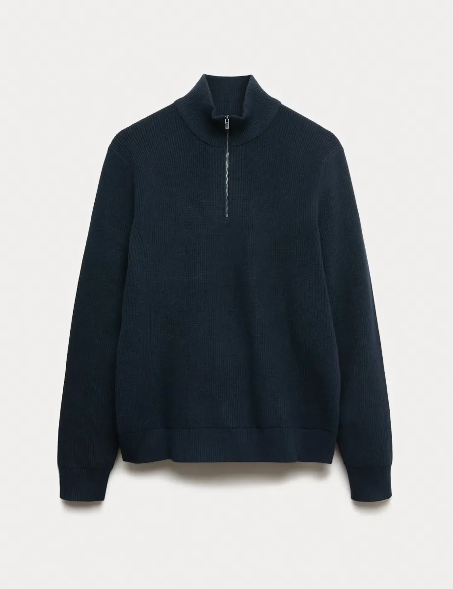 Cotton Blend Ribbed Half Zip Jumper Dark Navy