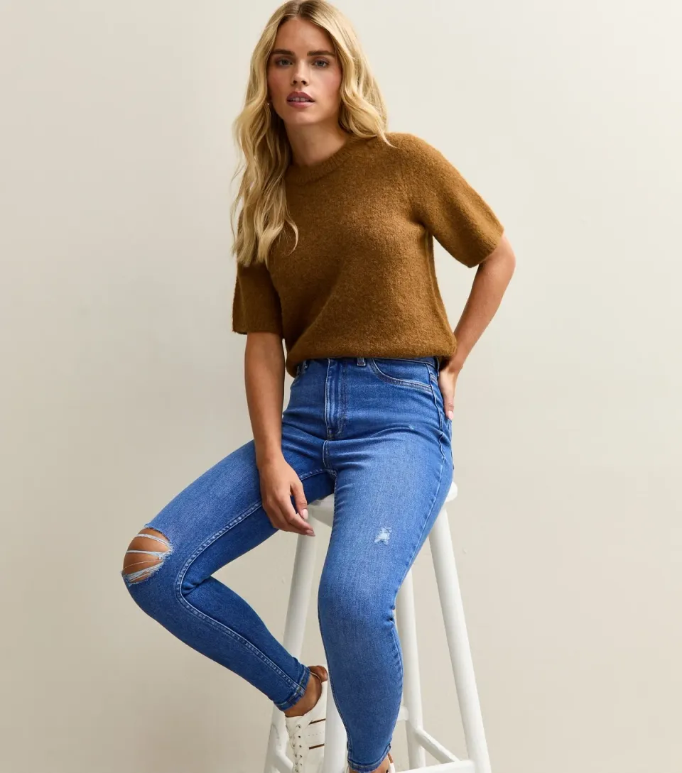 Women's Petite Bright Blue Ripped High Waist Hallie Super Skinny Jeans