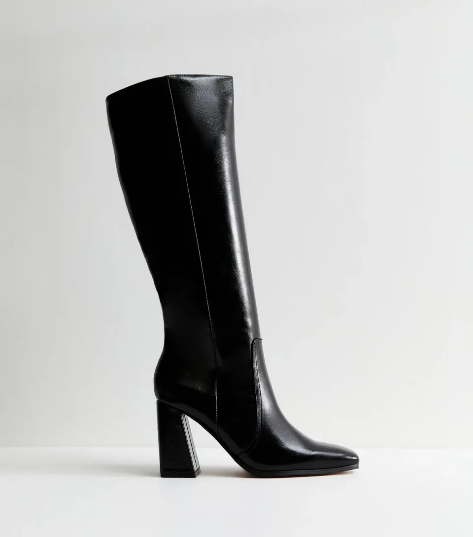 Women's Slim Calf Fit Black Faux Leather Knee High Boots Vegan