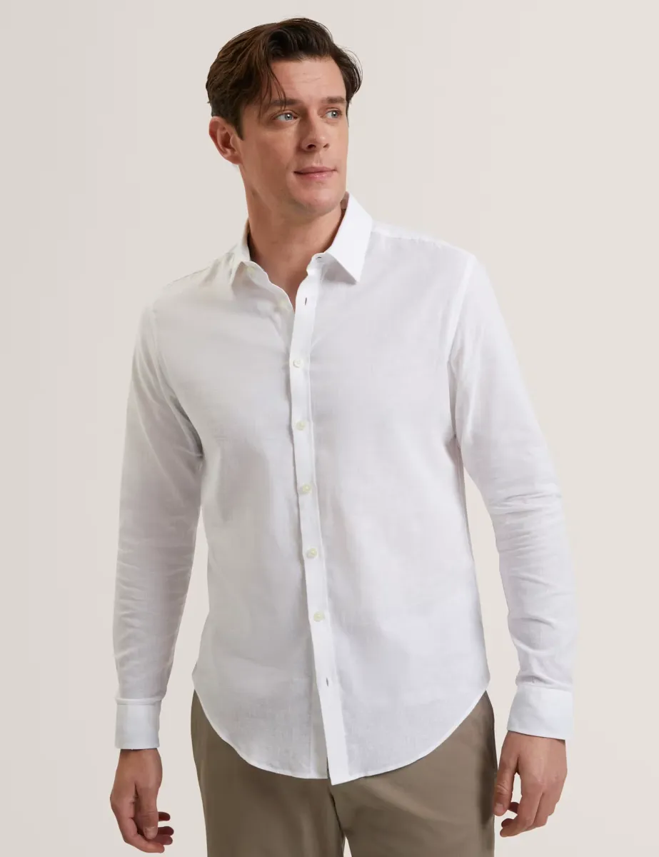 Regular Fit Cotton Linen Blend Prynn Shirt White
