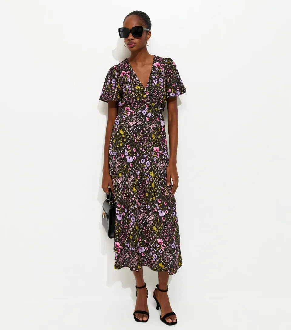 Women's Black Floral Print Tiered Midi Dress