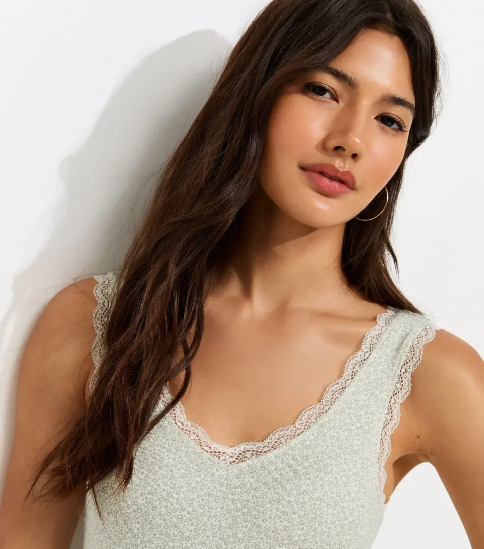 Women's Green Cotton Rich Ditsy Floral Lace Trim Vest
