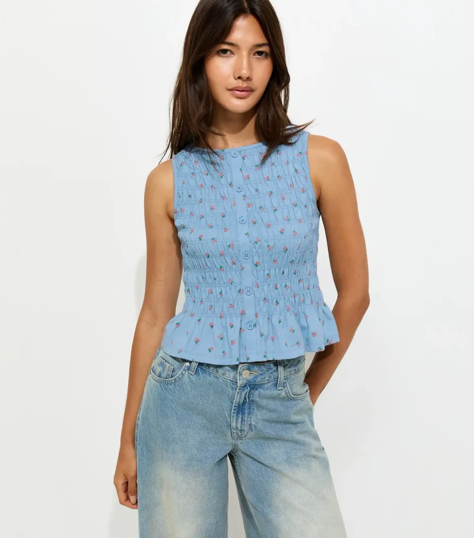 Women's Blue Cotton Floral Shirred Button Sleeveless Top