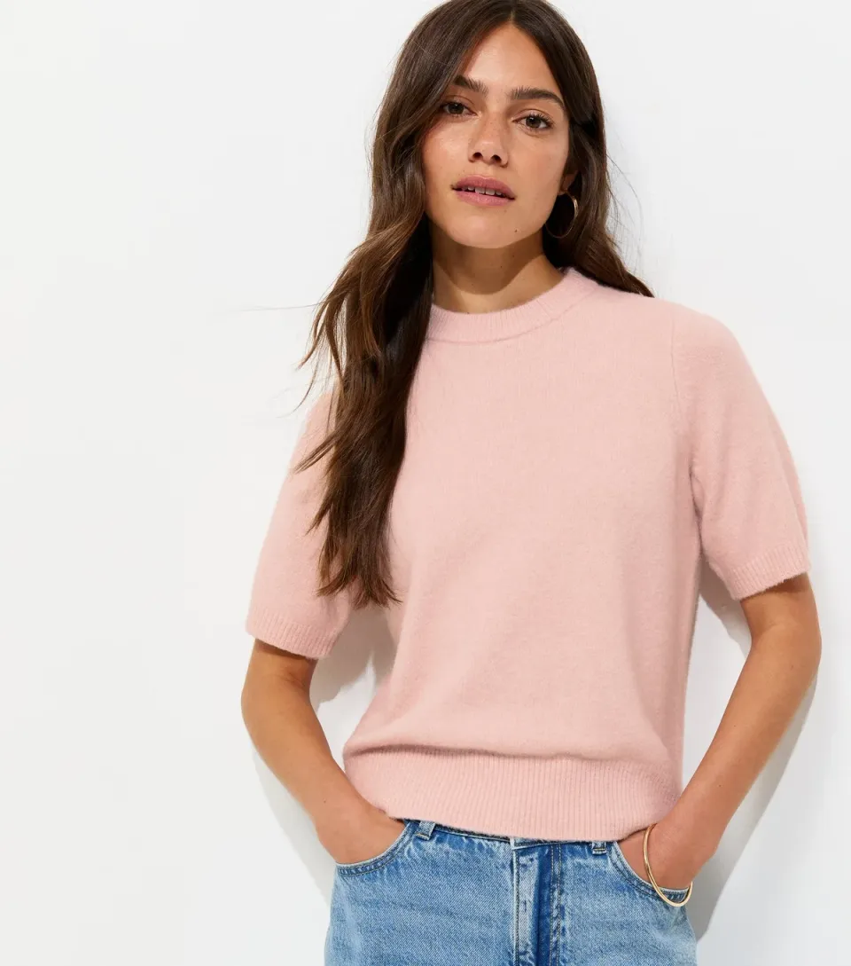 Women's Petite Light Pink Knitted Short Sleeve Top