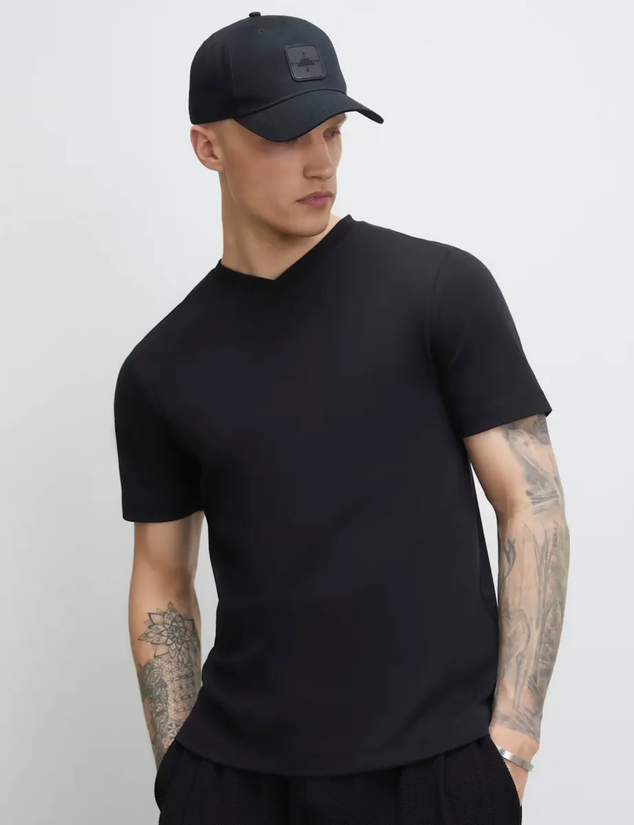 Slim Fit Pure Cotton V Neck Short Sleeve T-Shirt Black