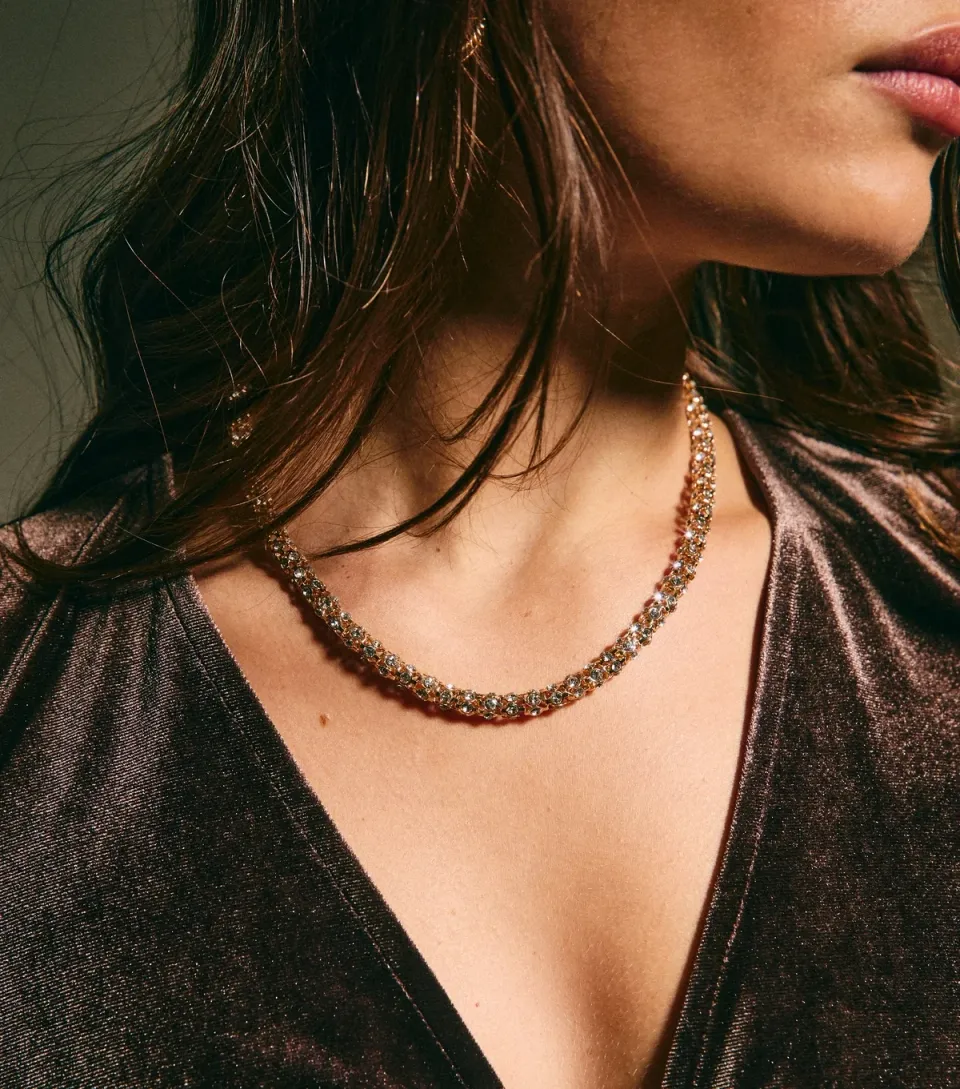 Gold Tone Chunky Rope Chain Diamante Embellished Necklace