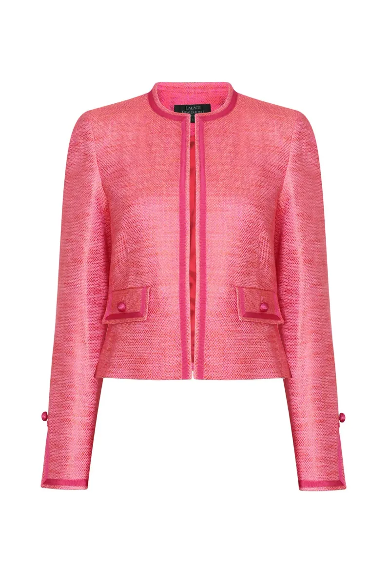 Bright Pink/Orange Short Tweed Jacket with Braid Buttons - Carrie