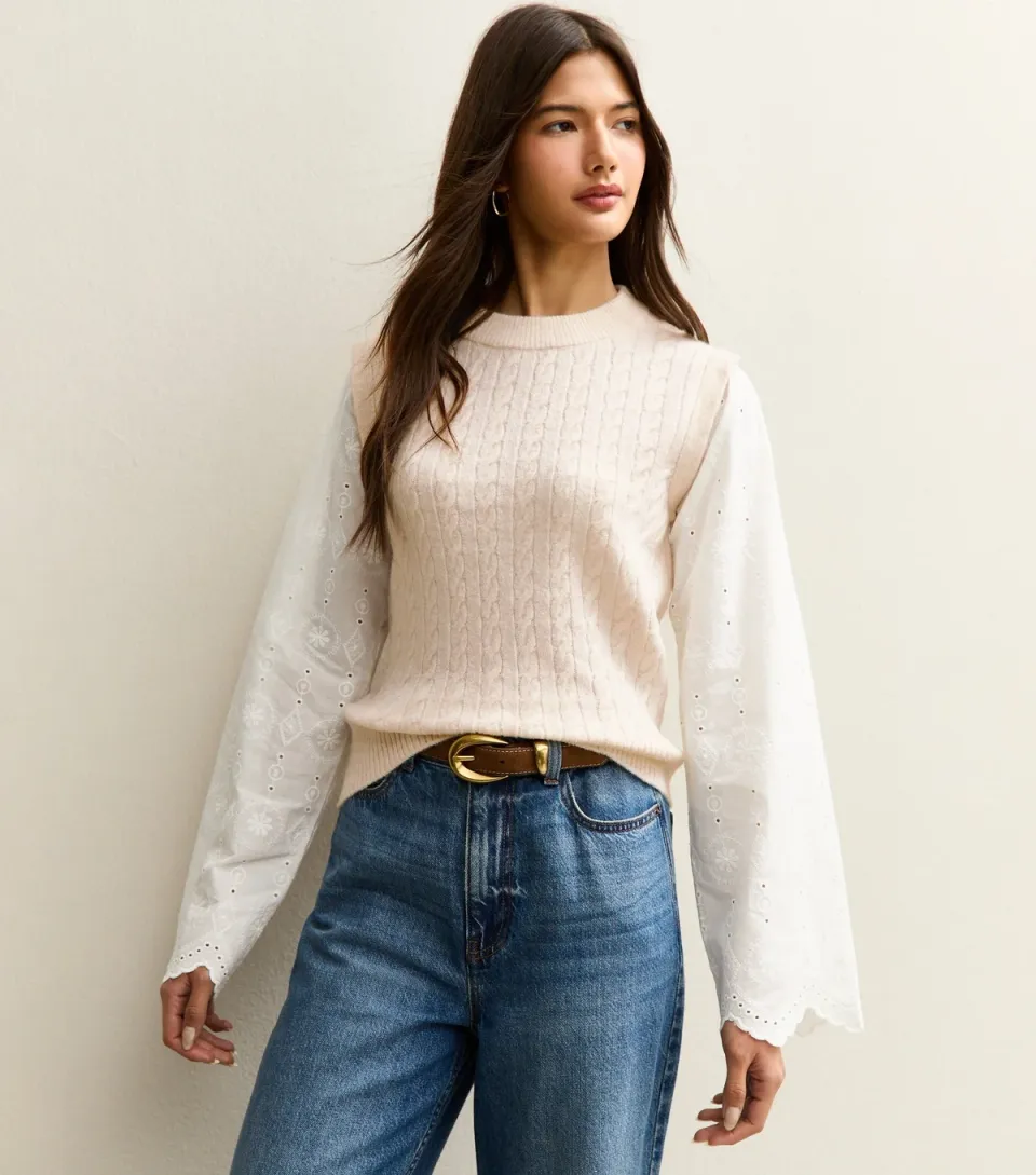 Women's Cream Cable Knit Broderie Anglaise Jumper