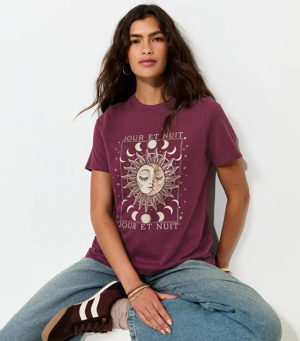 Women's Dark Burgundy Cotton Jour Et Nuit Print Relaxed T-Shirt