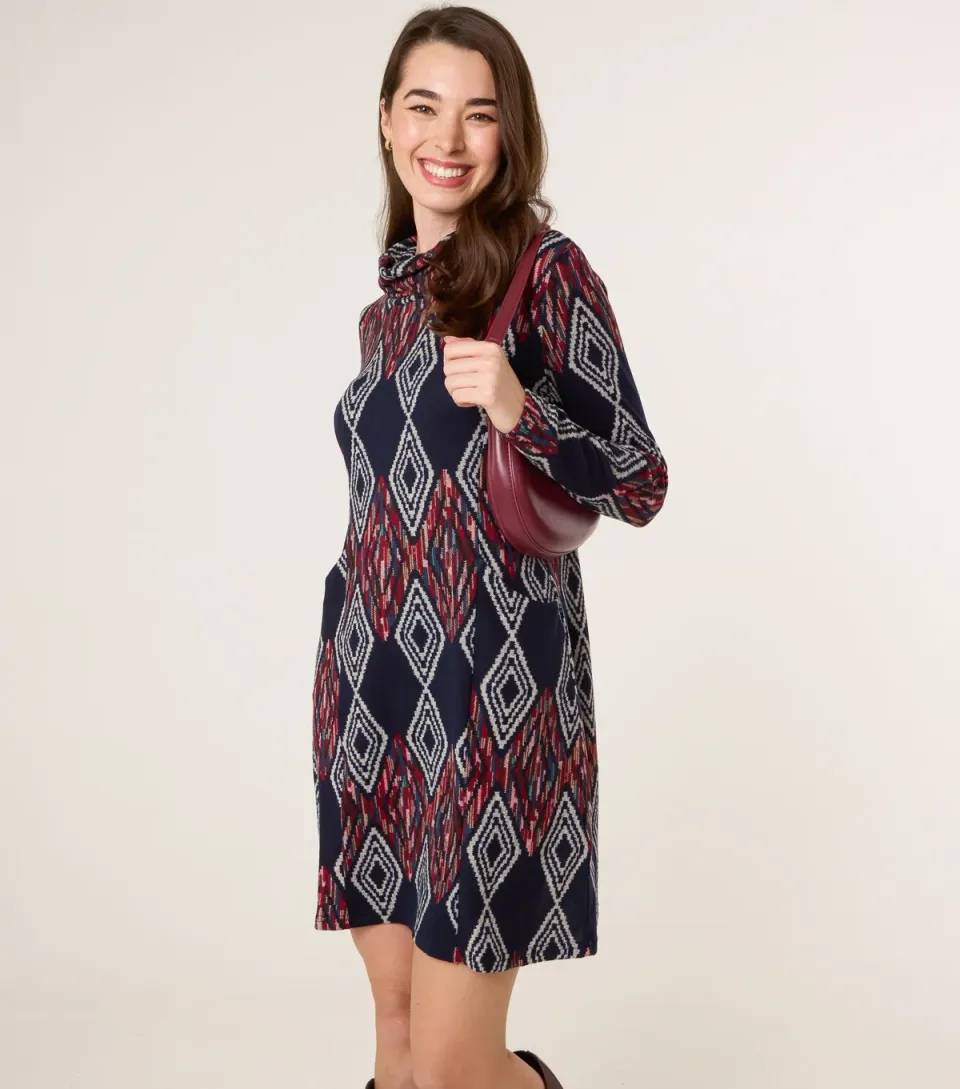 Women's Navy Geometric Pattern Draped High Neck Dress