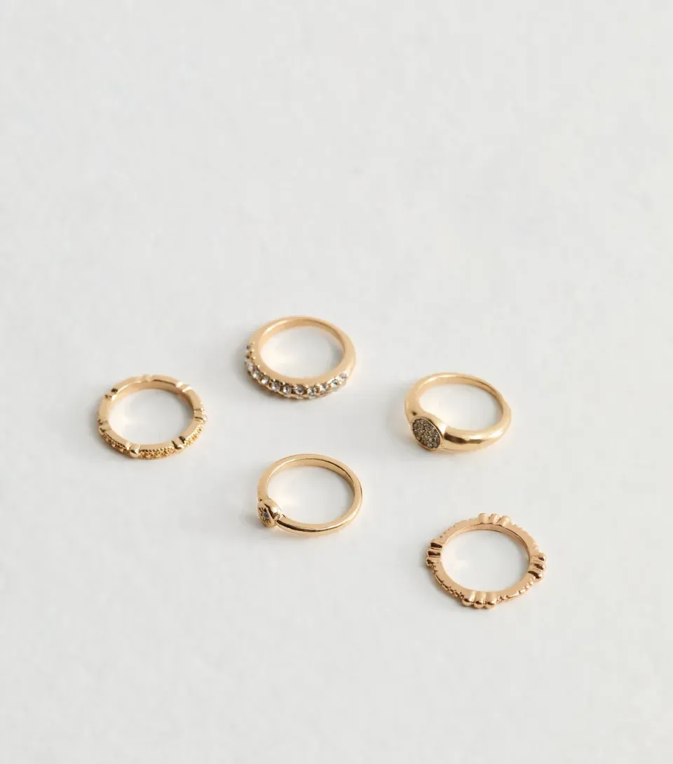 Pack of 5 Gold Tone Diamanté Rings