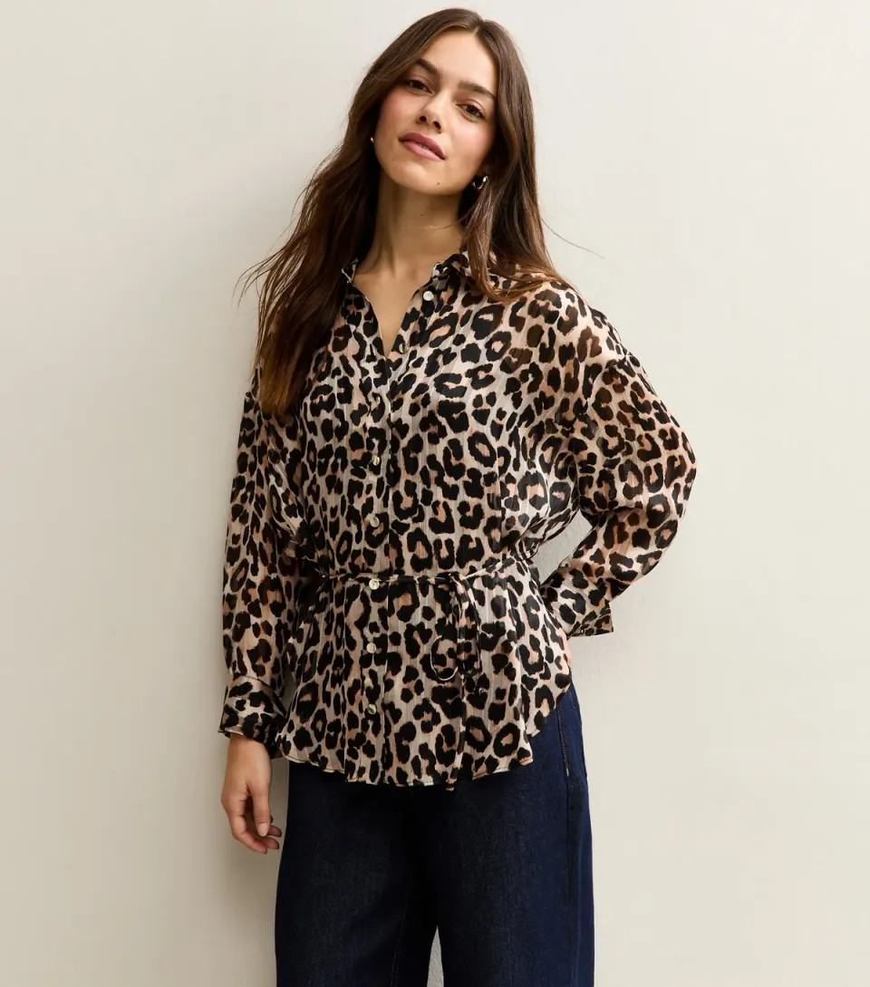 Women's Petite Brown Animal Print Belted Shirt