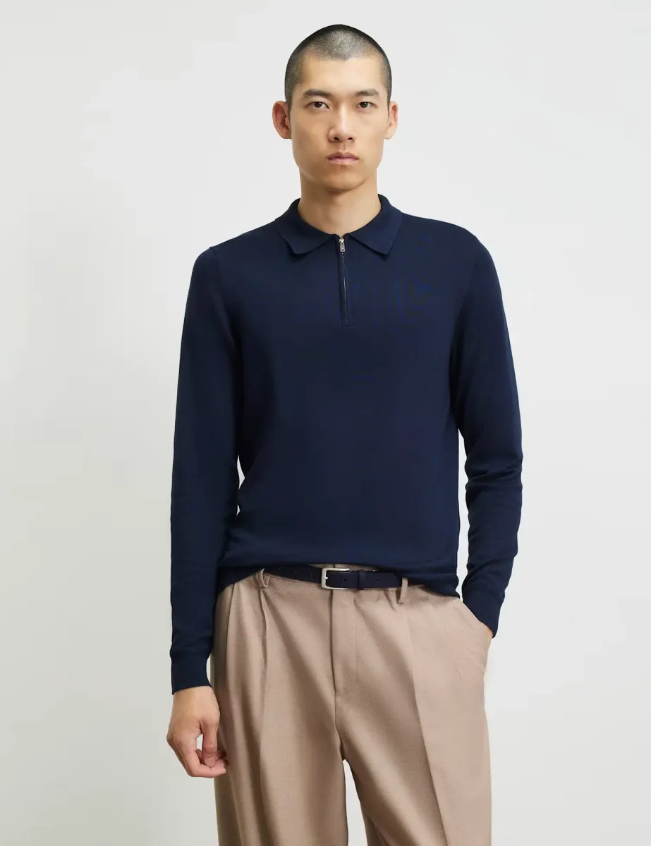 Slim Fit Half Zip Long Sleeve Polo Shirt Navy