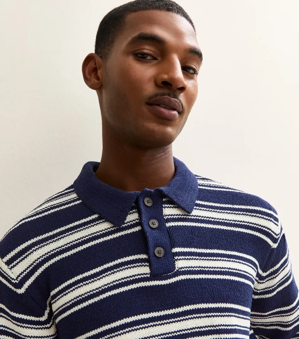 Men's Dark Blue Striped Polo Jumper
