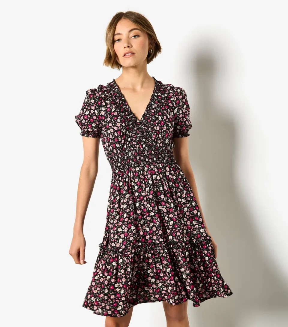 Women's Pink Floral Print Tiered Skirt Mini Dress