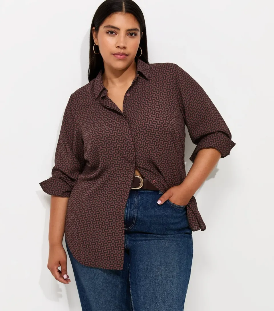 Women's Plus Size Red Geometric Print Long Sleeve Shirt Curves