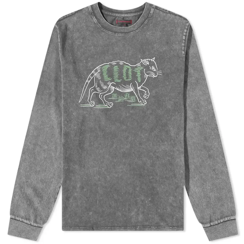 Long Sleeve Acid Wash Cat Logo T-Shirt