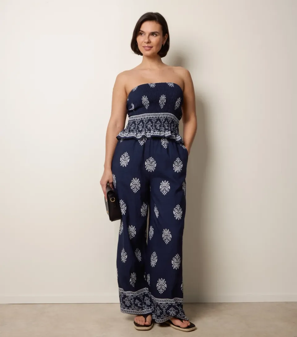Women's Navy Bandeau Top and Wide Leg Trousers Set