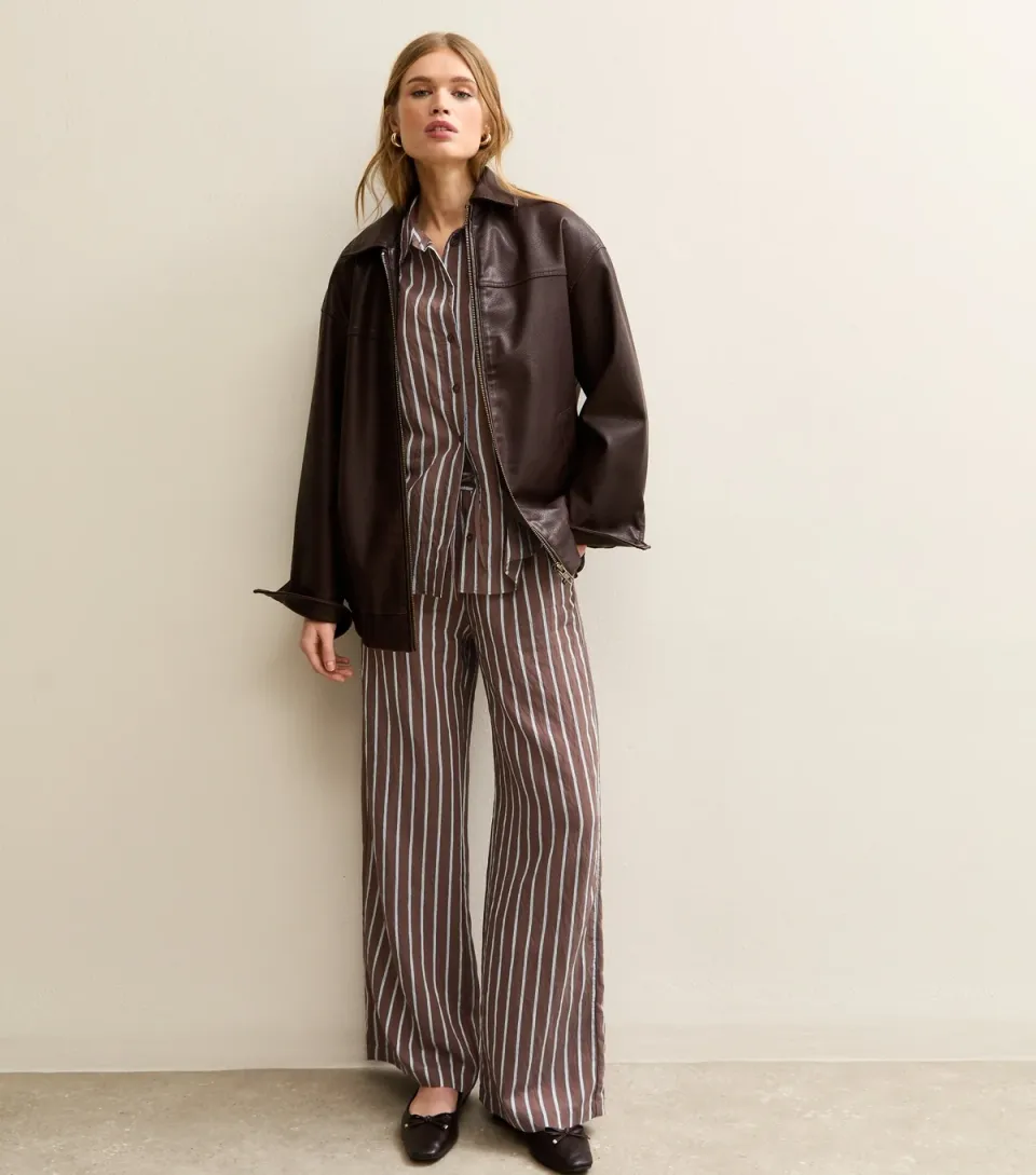 Women's Brown Striped Drawstring Wide Leg Trousers