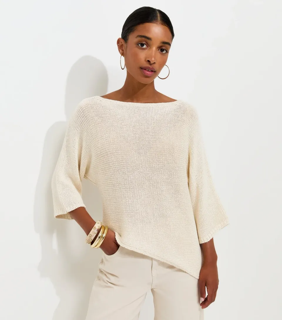 Women's Off White Open Knit Asymmetric Hem Slash Neck Top