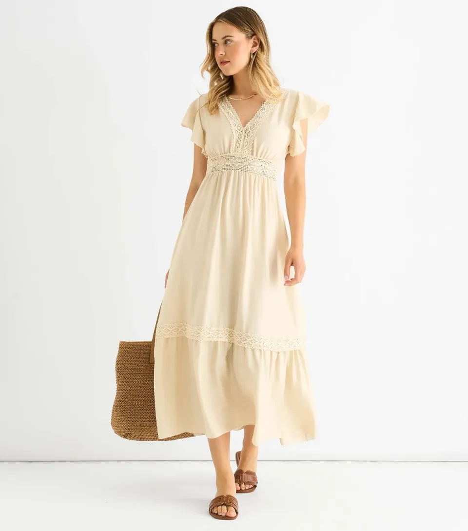 Women's Oatmeal Lace Trim Midi Dress