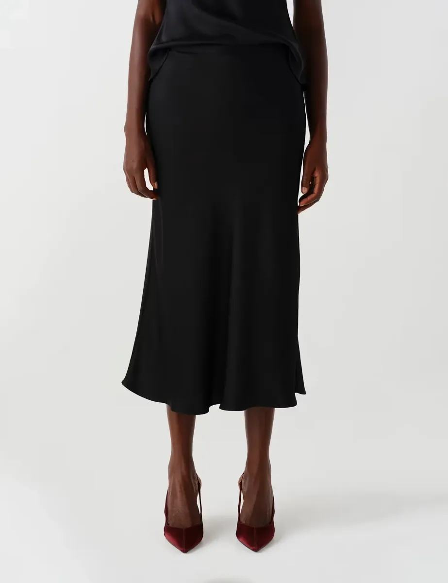 Satin Crepe Midi Slip Skirt Black