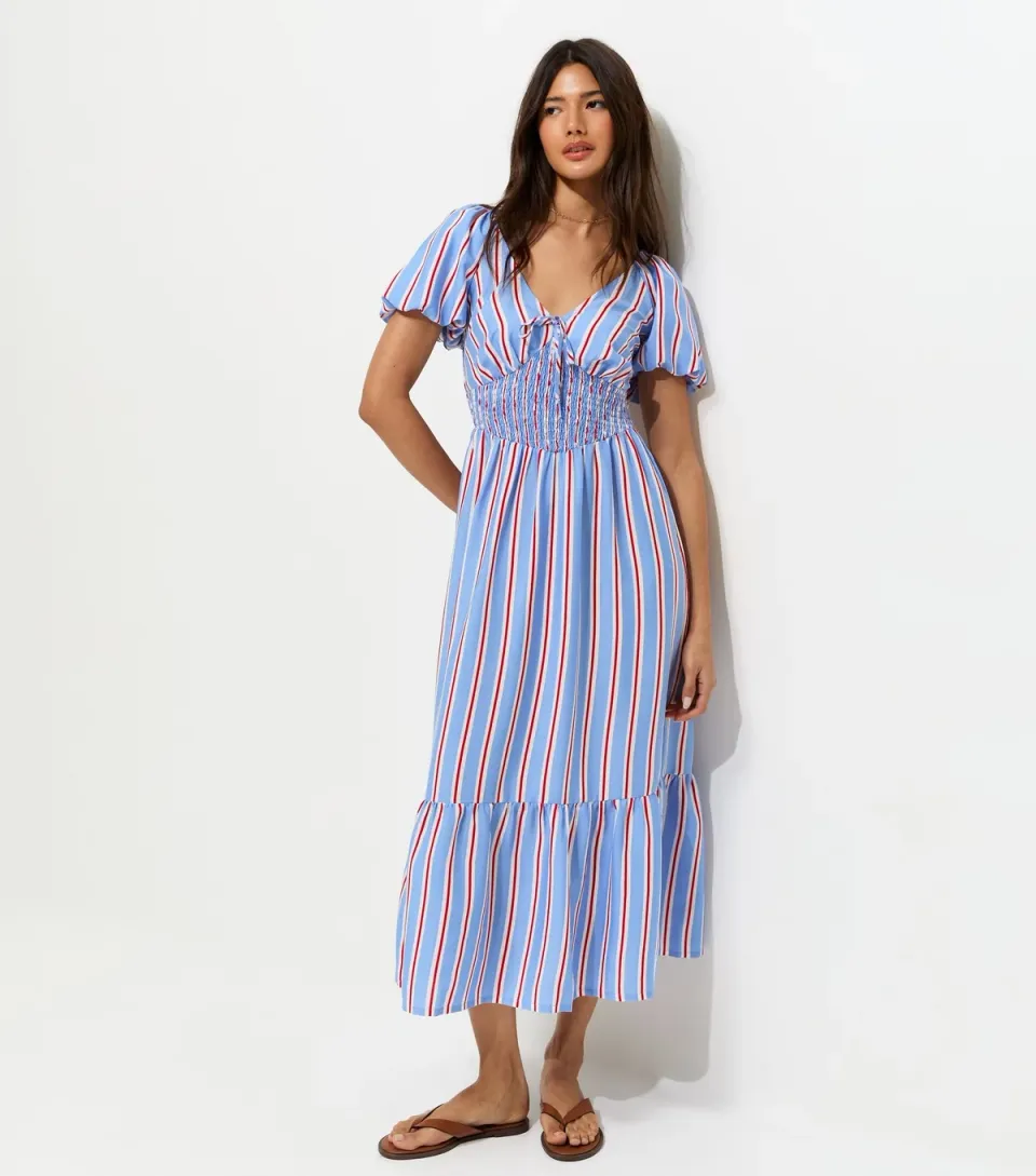 Women's Blue Striped Puff Sleeve Shirred Waist Midi Dress