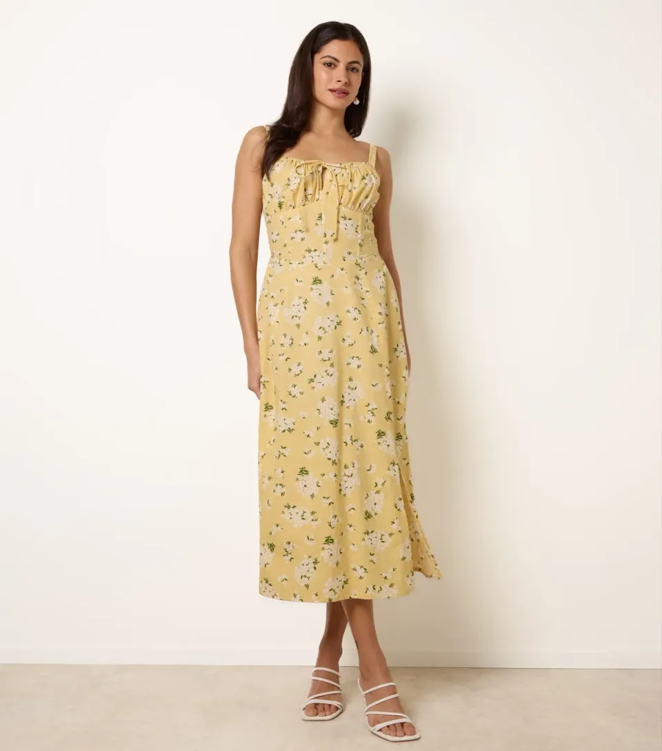 Women's Light Yellow Cotton Floral Midi Dress