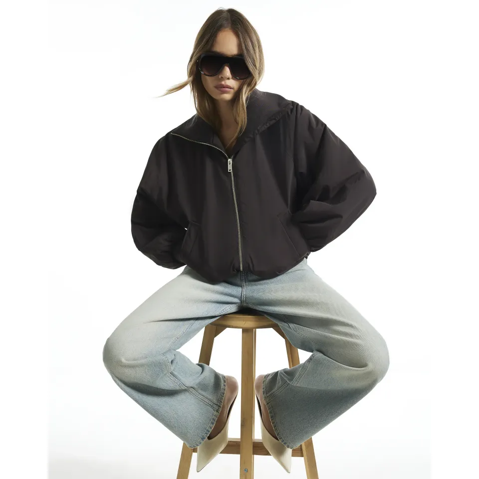 Rib Detail Bubble Hem Bomber Jacket