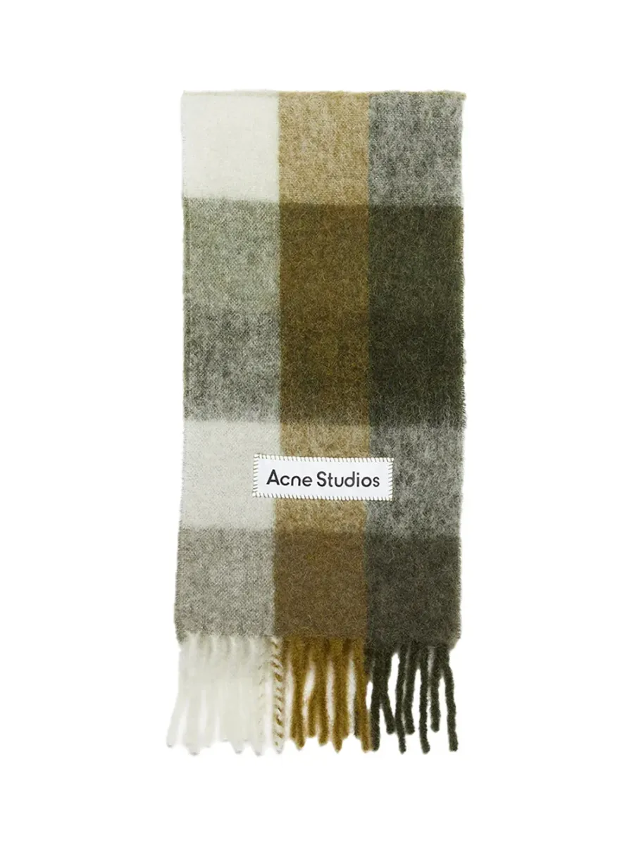 Check fringe scarf Taupe/green/black