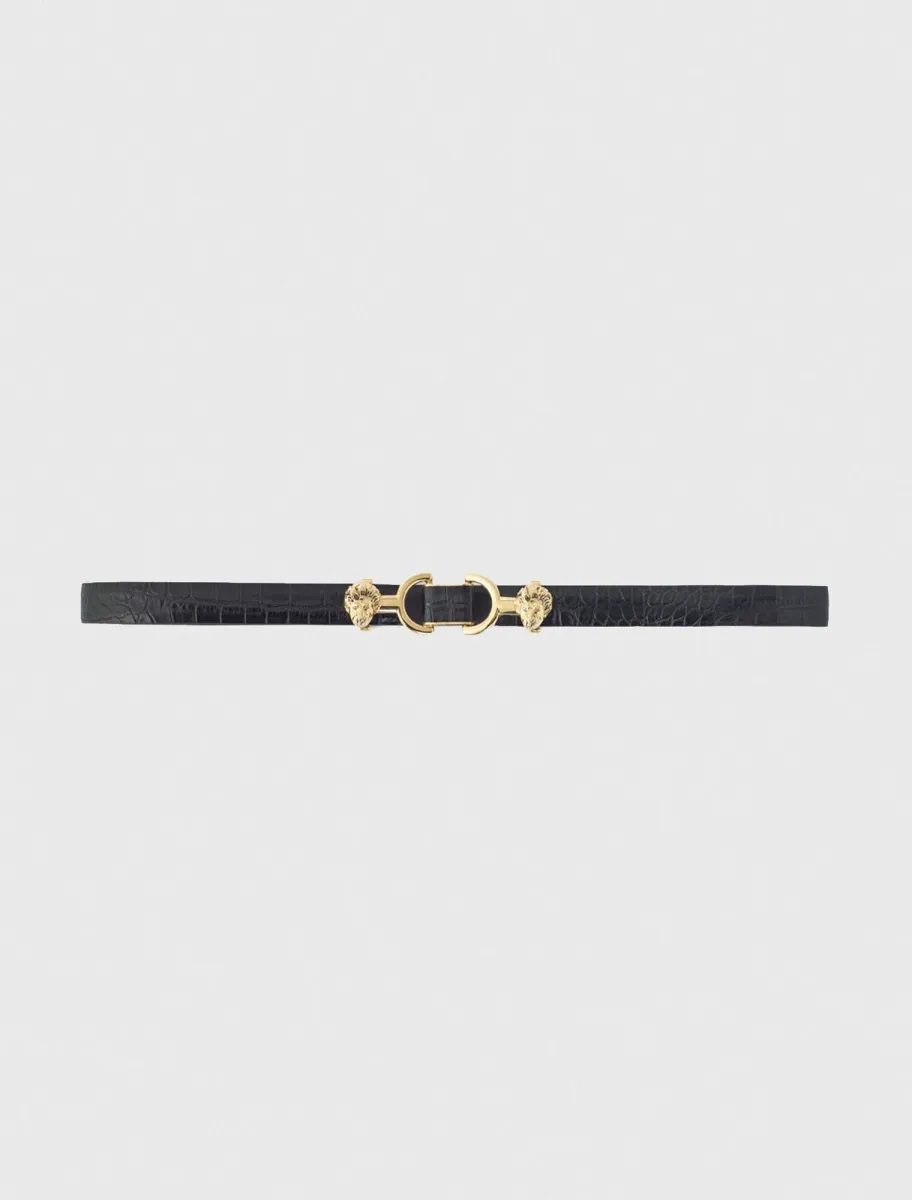 Thin leather belt with lion bit
