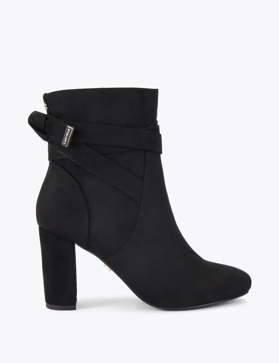 Wide Fit Bow Strap Block Heel Ankle Boots Black