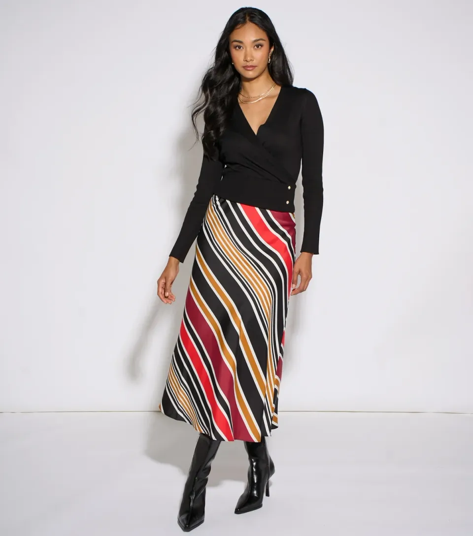 Women's Black Diagonal Stripe Satin Bias Cut Skirt