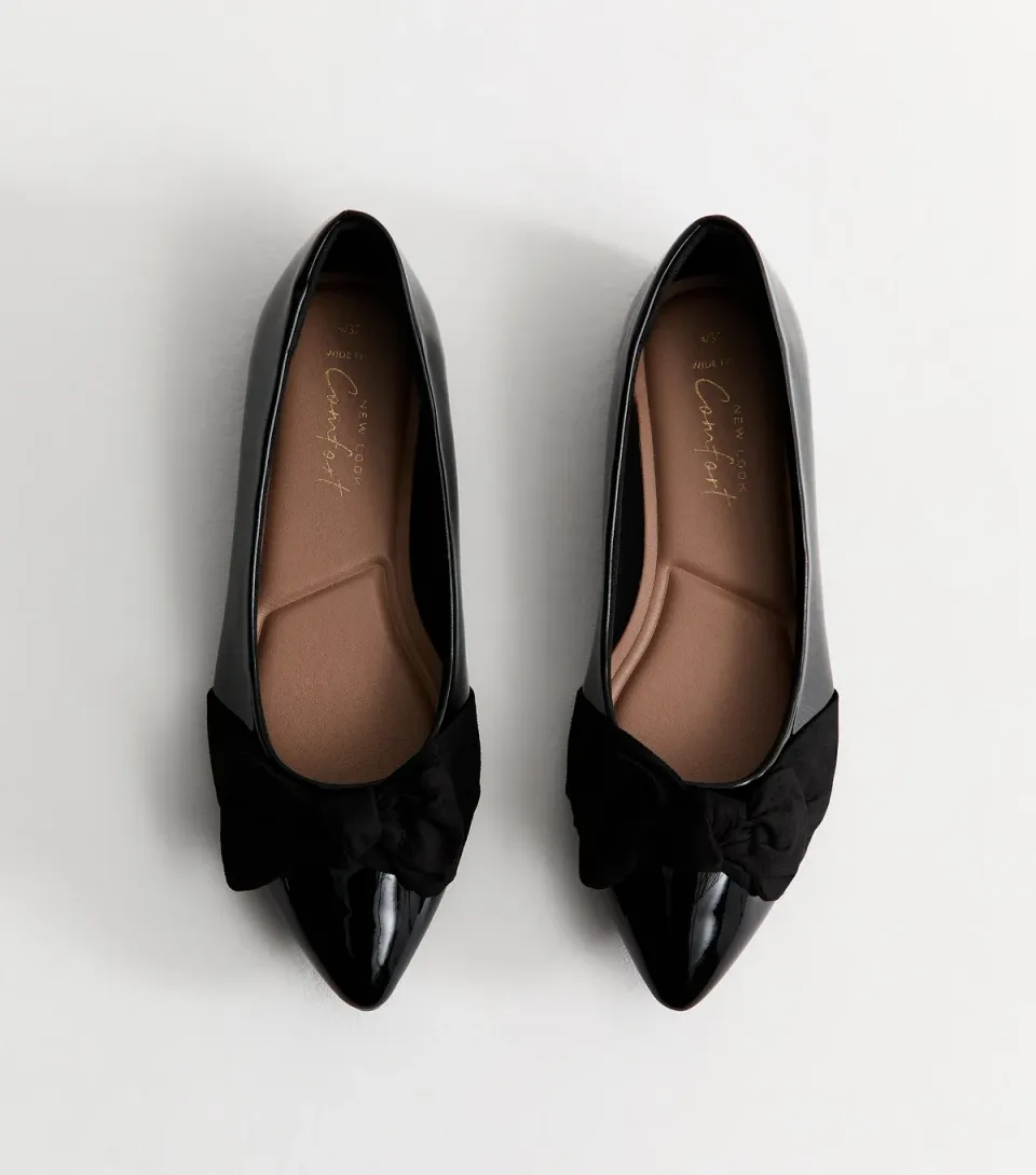 Women's Wide Fit Black Faux Patent Leather Bow Ballet Flats Vegan