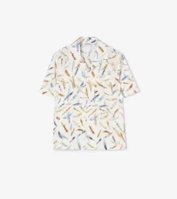 Relaxed Fit Feather Print Cotton Shirt in Ink blue