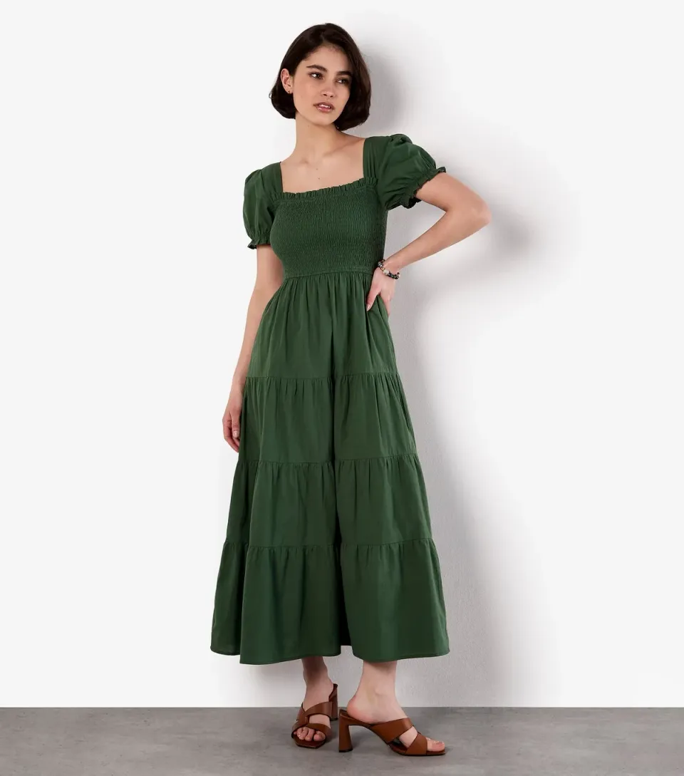 Women's Dark Green Smocked Cotton Tiered Dress
