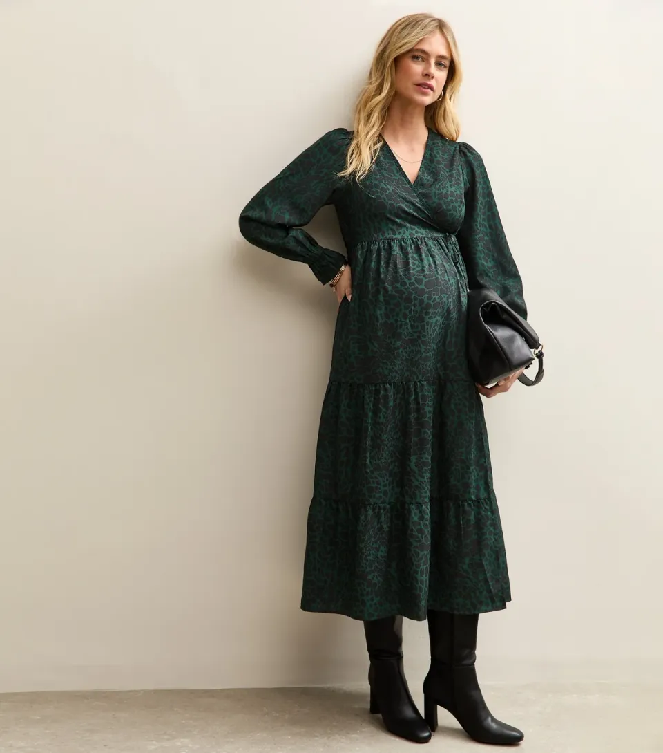 Women's Maternity Dark Green Animal Print Crepe Wrap Midi Dress