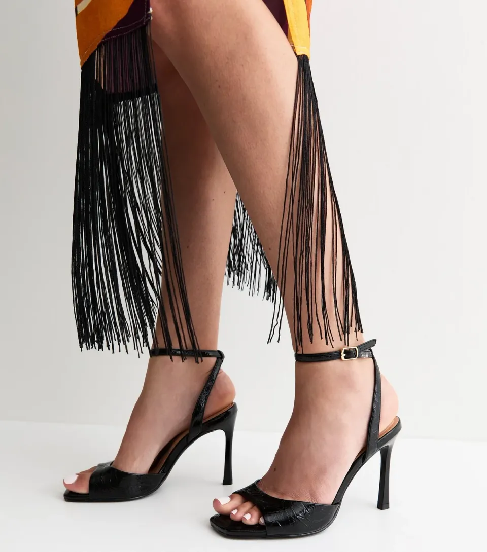 Women's Black Patent Faux Leather Open Toe Stiletto Sandals Vegan