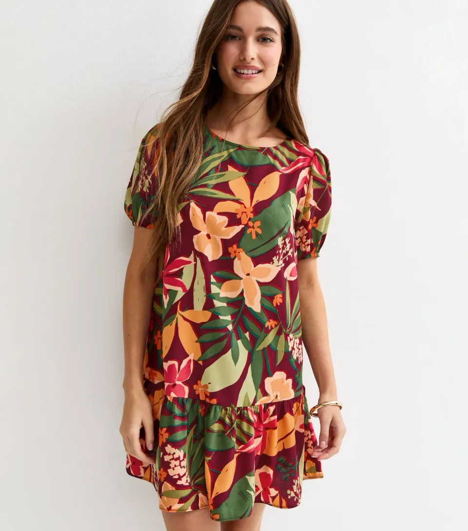 Women's Red Tropical Floral Mini Smock Dress