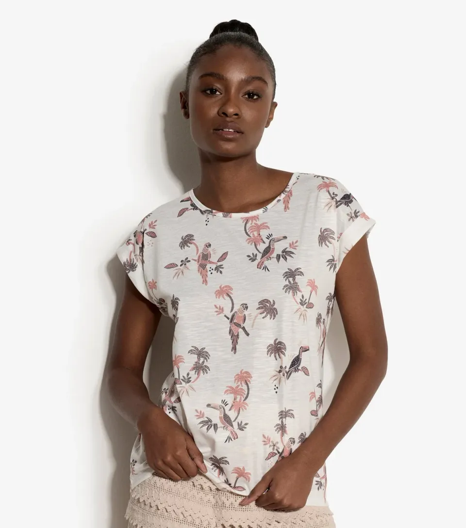 Women's White Parrot and Palm Tree Print T-Shirt